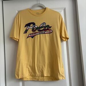 Polo Ralph Lauren Yellow Serape Stripe Fill Logo Graphic Short Sleeve Shirt Sz M